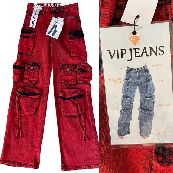 NWT VIP JEANS Sculpting STRETCH Wide Leg Red CARGO Pants Jeans Size 1 / 25 - Picture 1 of 16